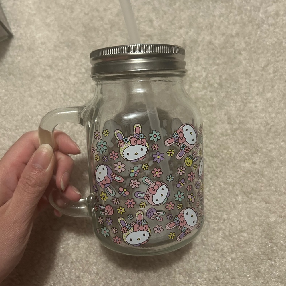 BNWT Cute Character Glass Mason Jar with Straw